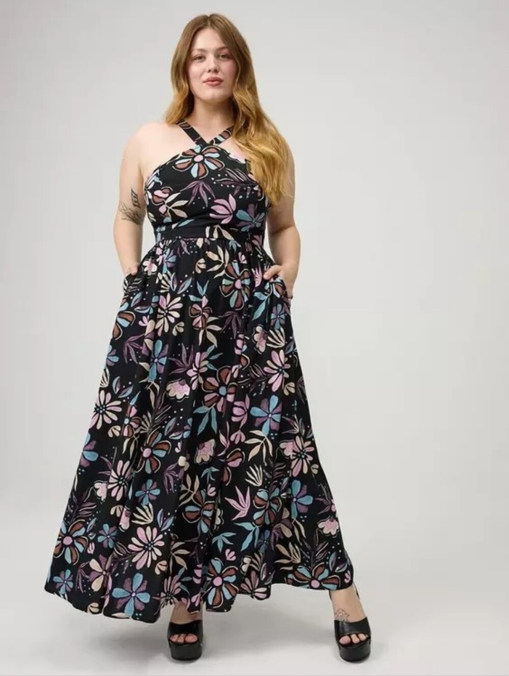Torrid Cydnee Floral Doodles Black Halter Maxi Dress Women's Plus Size 2X Nwt